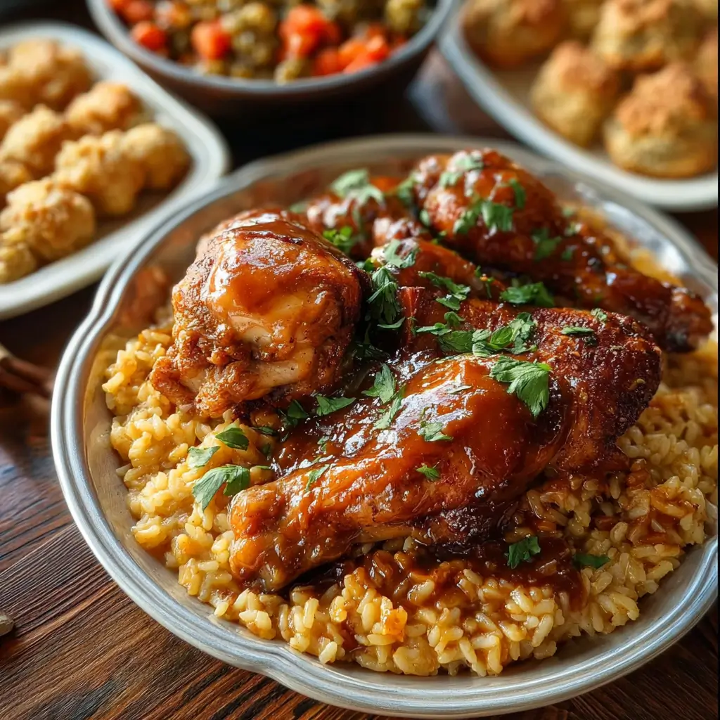 A Southern-style Thanksgiving feast with dressing, mac and cheese, and sweet potato pie.