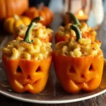 Halloween jack-o’-lantern bell peppers stuffed with mac & cheese.