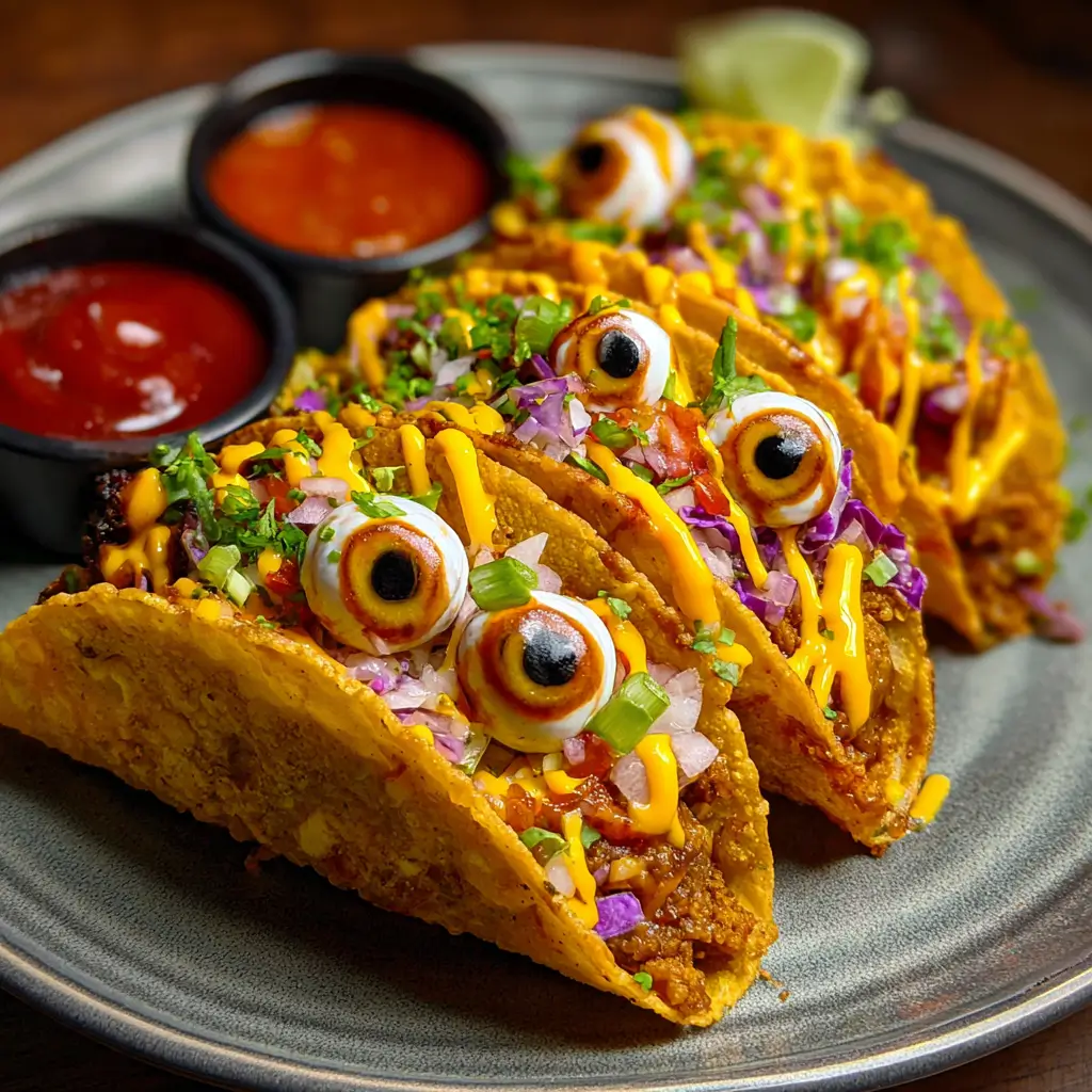 Halloween tacos decorated with cheese and olive eyeballs