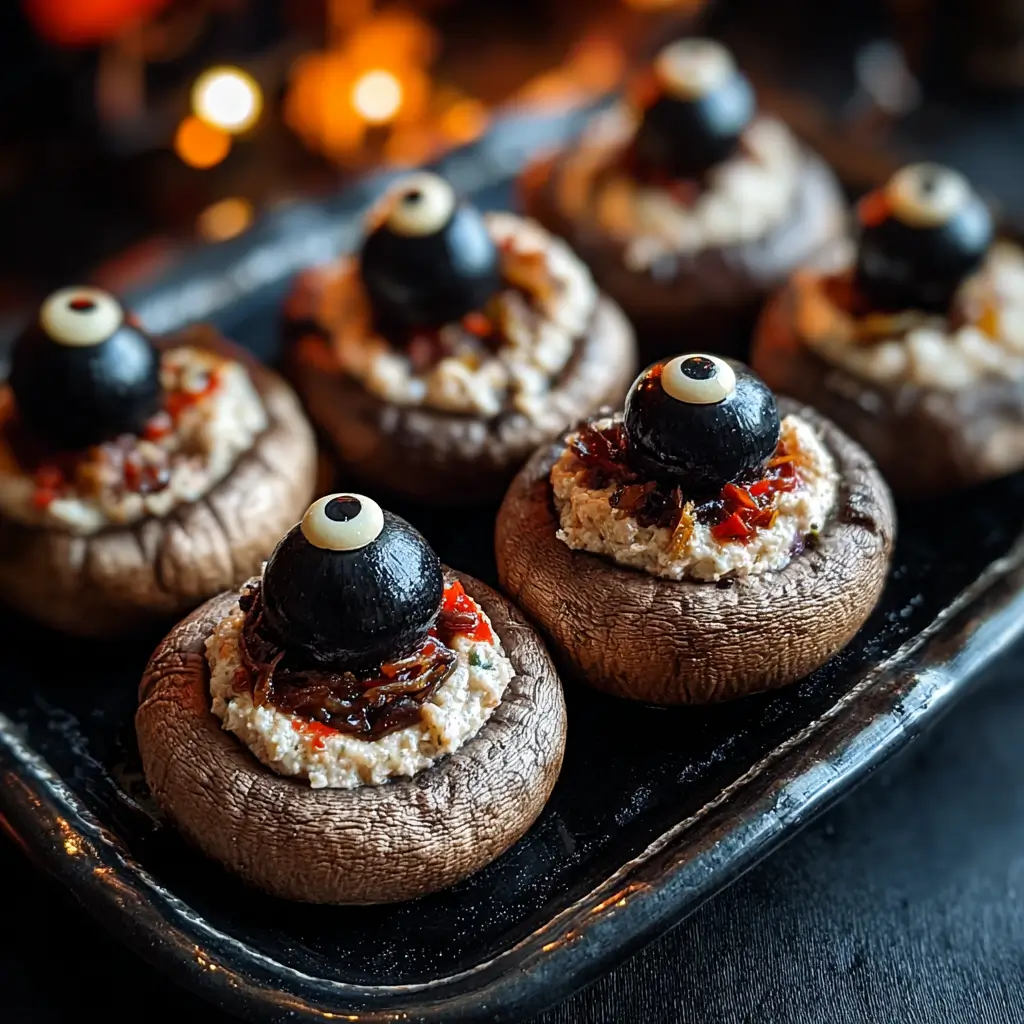 Spooky Stuffed Mushroom Eyeballs 1 Halloween stuffed mushroom eyeballs with cheese filling, olive pupils, and red pepper veins on a party platter.