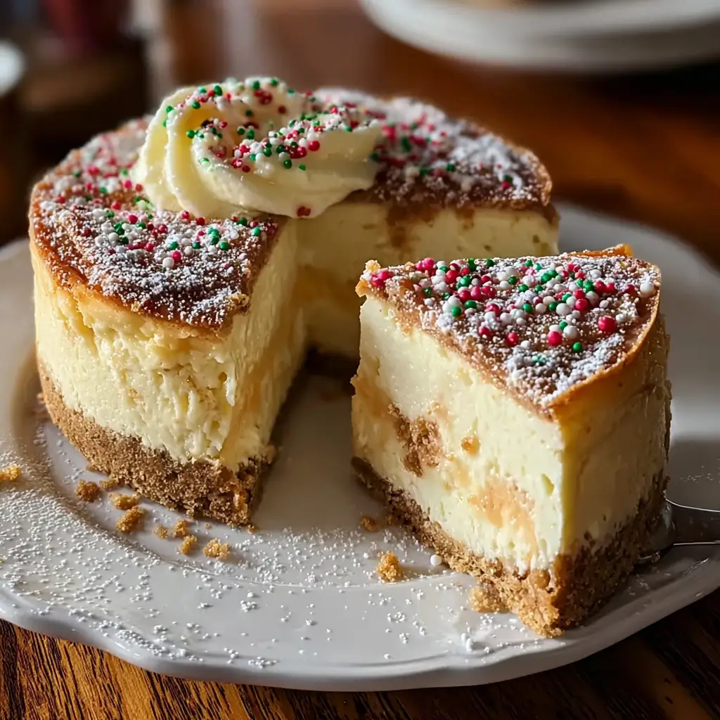 Slice of sugar cookie cheesecake with crumb crust and pastel sugar sprinkles on a plate