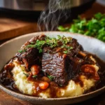 Super tender crockpot beef short ribs served with mashed potatoes