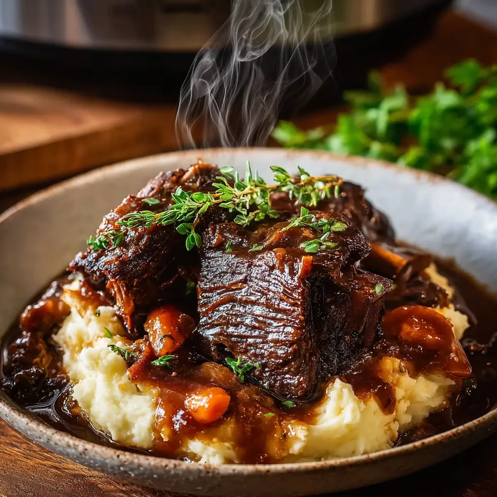 Super tender crockpot beef short ribs served with mashed potatoes