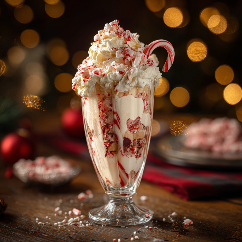 Peppermint Christmas float with ice cream, whipped cream, and candy cane garnish