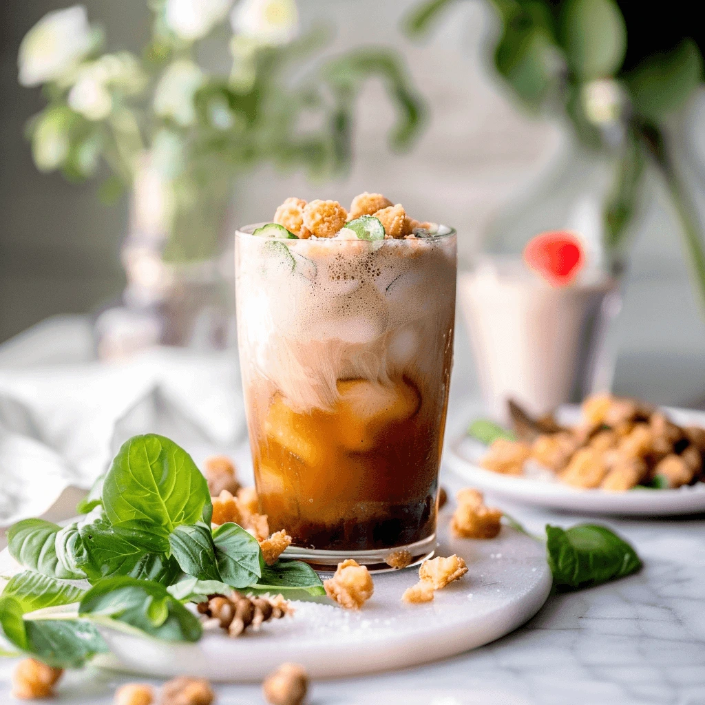 Teddy Graham Iced Latte in a clear glass topped with whipped cream and crushed Teddy Grahams