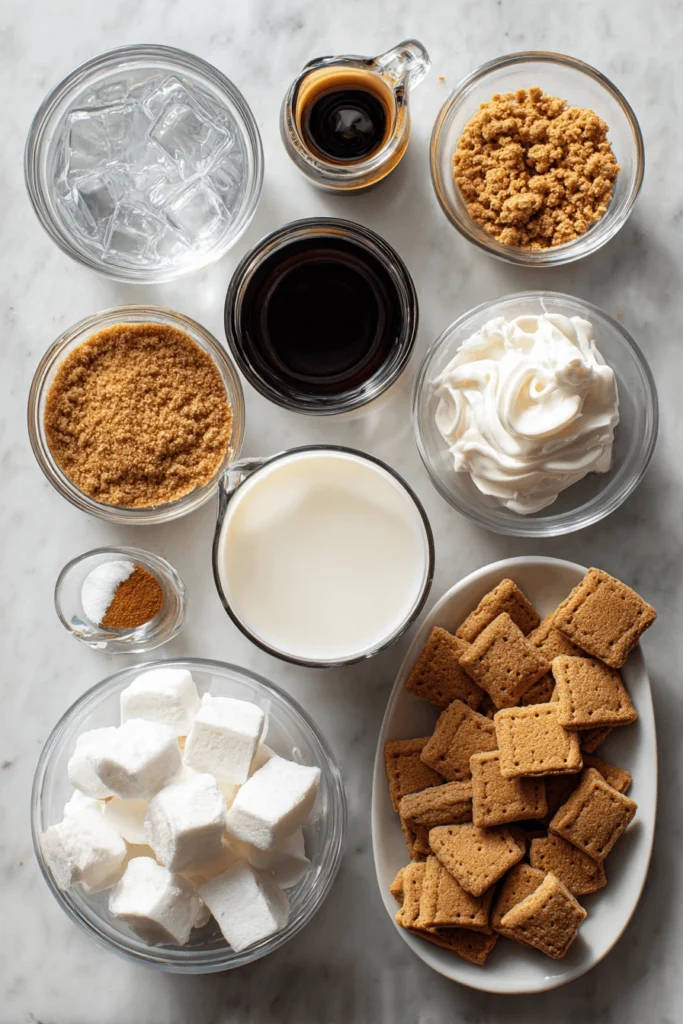 Teddy Graham Iced Latte: A Sweet and Nostalgic Coffee Treat 6 Ingredients for Teddy Graham Iced Latte displayed on a countertop