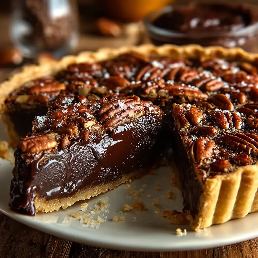 Slice of Texas chocolate pecan pie with pecan halves