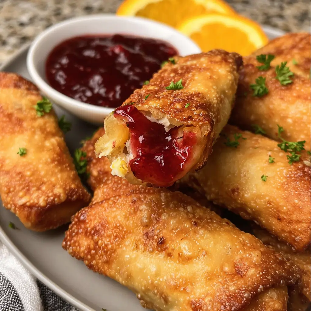 Crispy Thanksgiving eggrolls with cranberry dipping sauce.