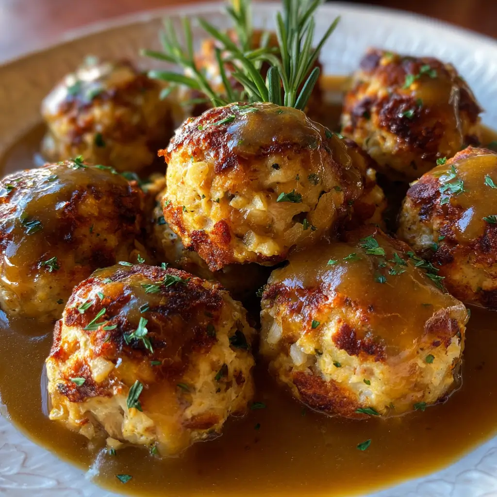 Crispy Thanksgiving stuffing balls served with gravy on a holiday table
