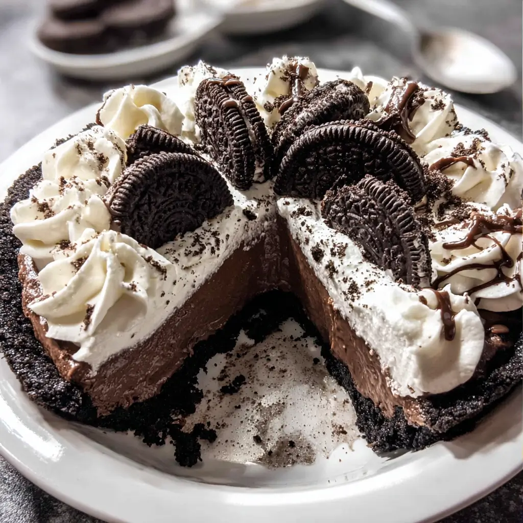 Thanksgiving chocolate Oreo pie topped with whipped cream and crushed Oreos