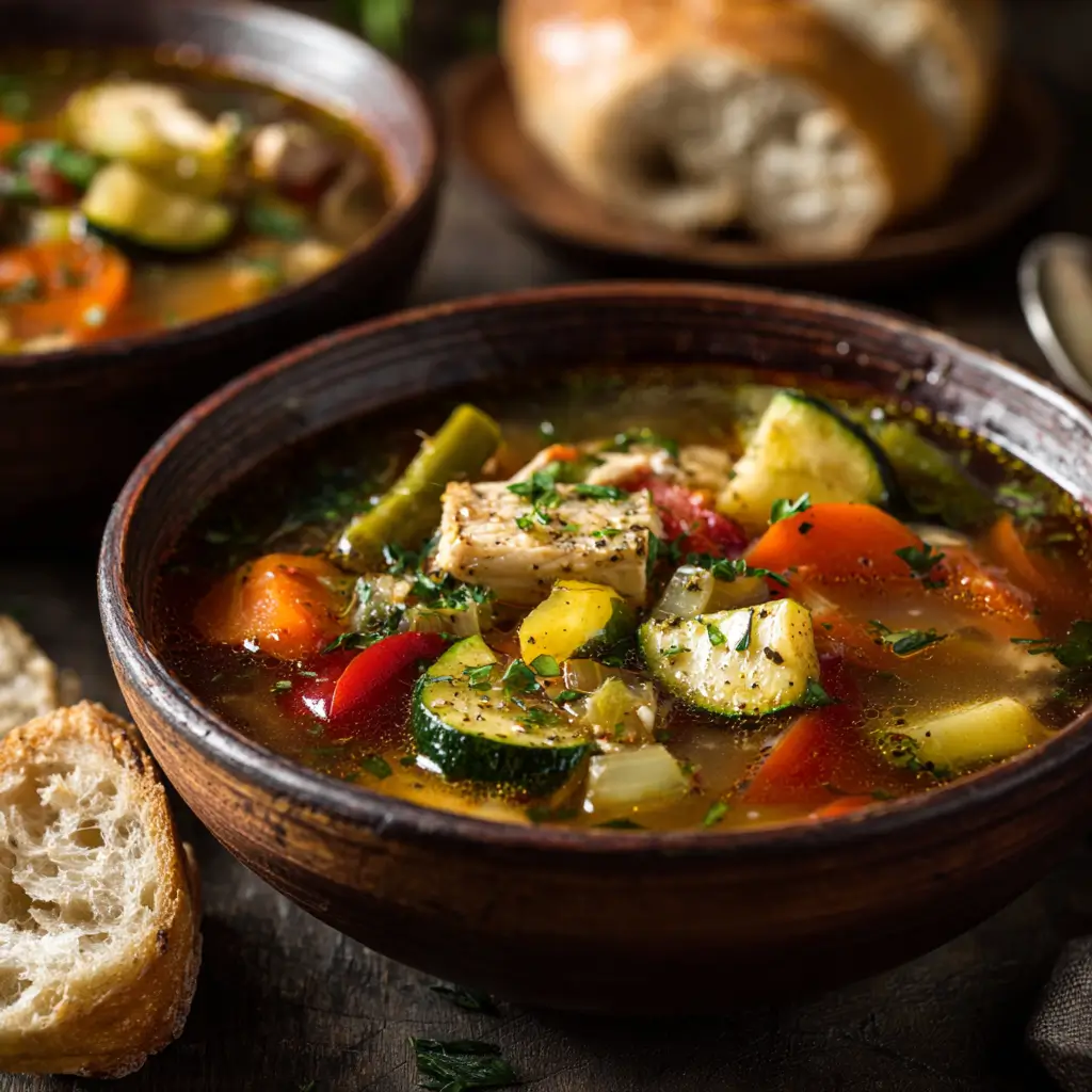 Bowl of turkey vegetable soup with carrots, beans, and herbs.