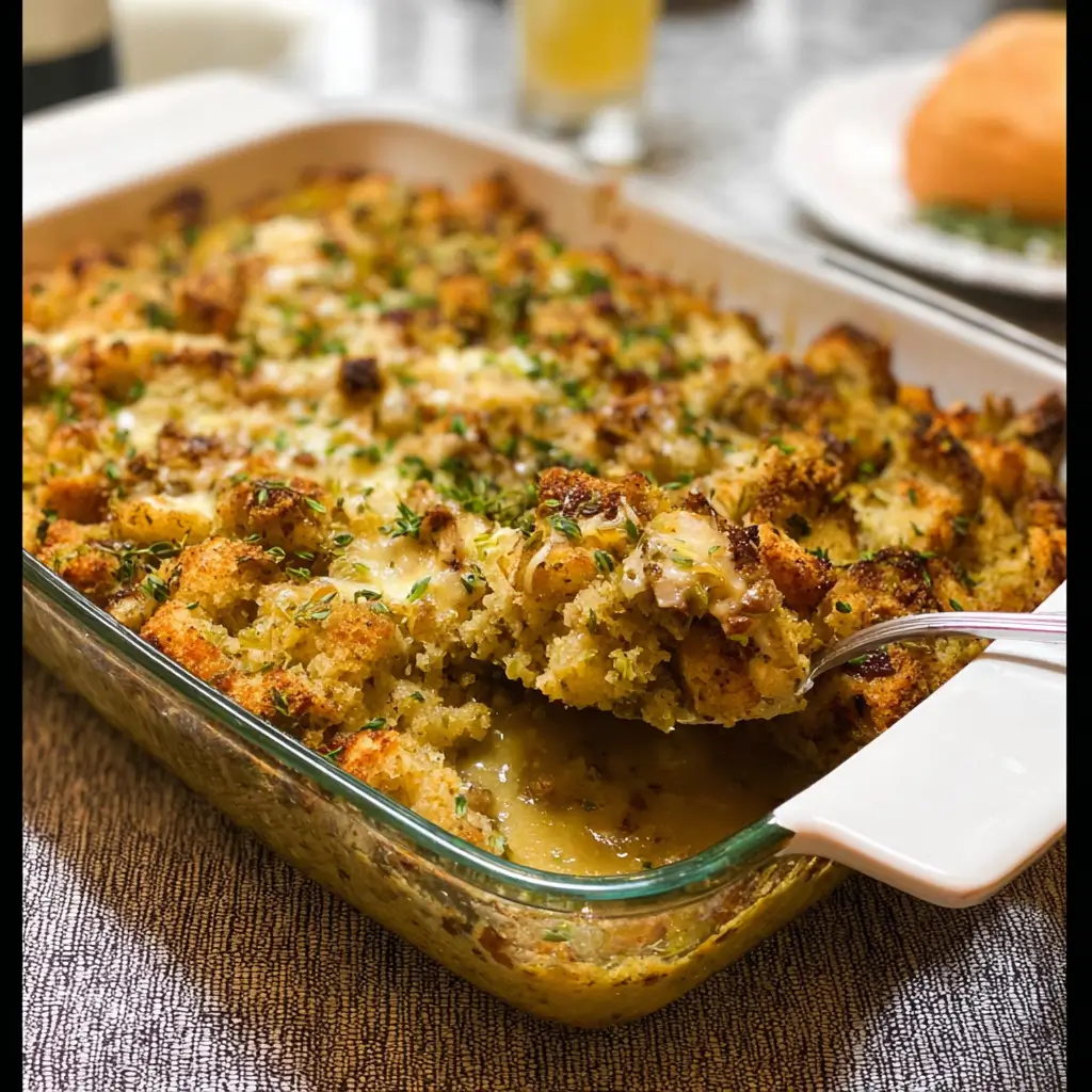 Turkey and stuffing casserole with golden crispy top, garnished with parsley