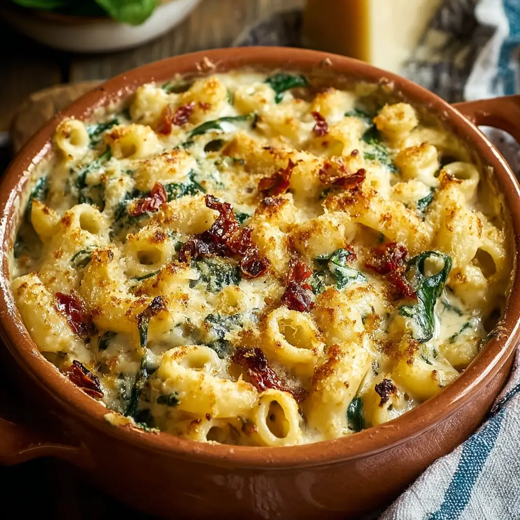 Tuscan Mac and Cheese 1 Tuscan Mac and Cheese with spinach and sundried tomatoes in a rustic bowl