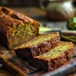 Freshly baked zucchini bread loaf with slices on a rustic wooden table