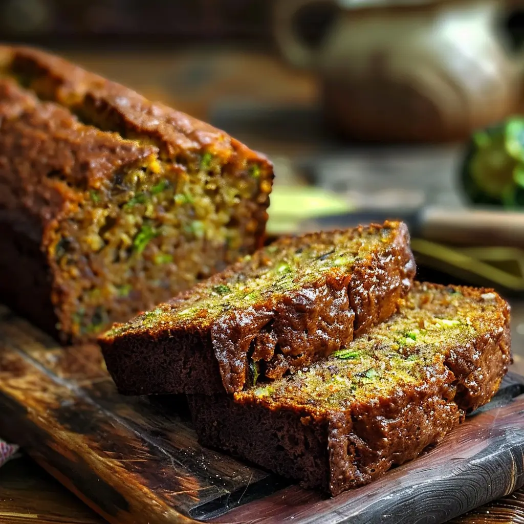 Homemade Zucchini Bread 1 Freshly baked zucchini bread loaf with slices on a rustic wooden table