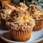 Apple crumble cupcakes topped with buttery streusel and caramel drizzle.