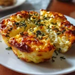 Baked cottage cheese eggs in a ramekin, topped with melted cheese and fresh herbs.