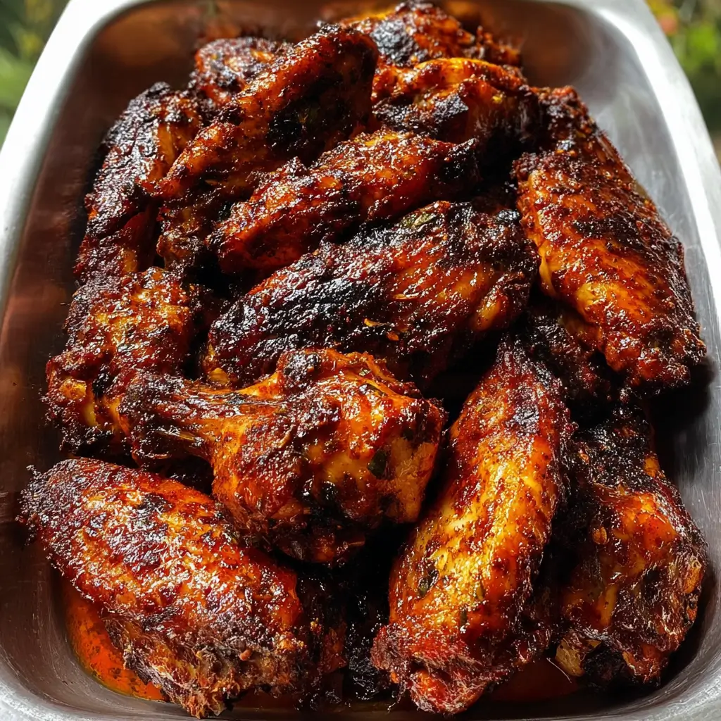 Baked Jamaican Jerk Chicken Wings 1 Crispy baked Jamaican jerk chicken wings with lime wedges on a platter.