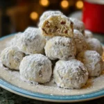 Buttery pecan snowball cookies dusted with powdered sugar on a plate