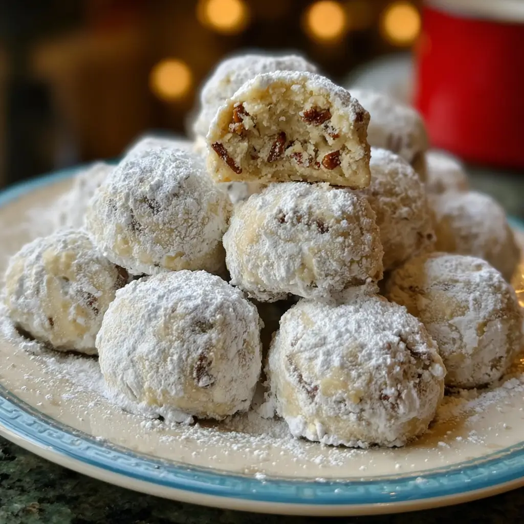 Buttery Pecan Snowball Cookies 1 Buttery pecan snowball cookies dusted with powdered sugar on a plate