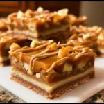 Gooey caramel apple bars topped with oatmeal crumble and caramel drizzle.