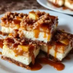 Caramel apple cheesecake bars with streusel topping and caramel drizzle.