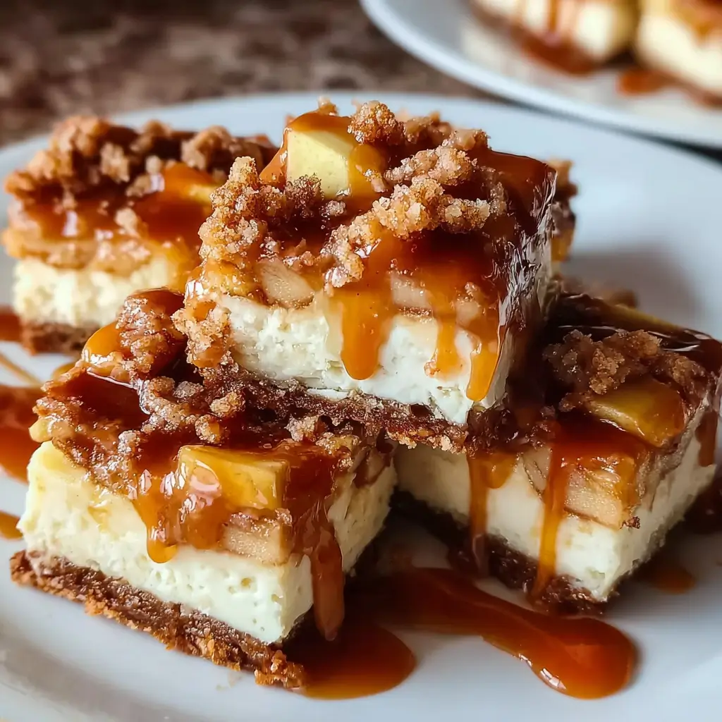Caramel Apple Cheesecake Bars Recipe 1 Caramel apple cheesecake bars with streusel topping and caramel drizzle.