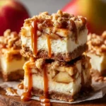 Caramel apple cheesecake bars with creamy layers and caramel drizzle.
