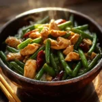Chicken and green bean stir-fry served over rice in a rustic bowl.