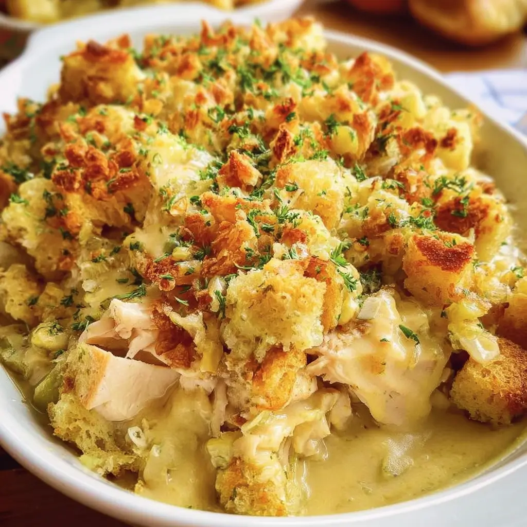Baked chicken and stuffing casserole with golden cheesy topping.