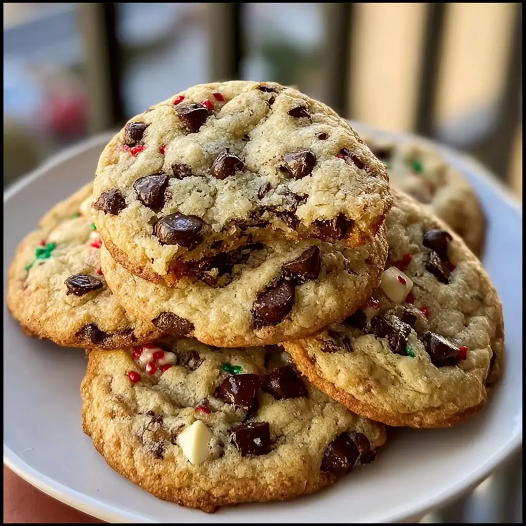 Freshly baked chocolate chip cookies with melty chocolate chips and a glass of milk.