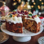 Traditional Christmas fruit cake with dried fruits and nuts on a holiday table