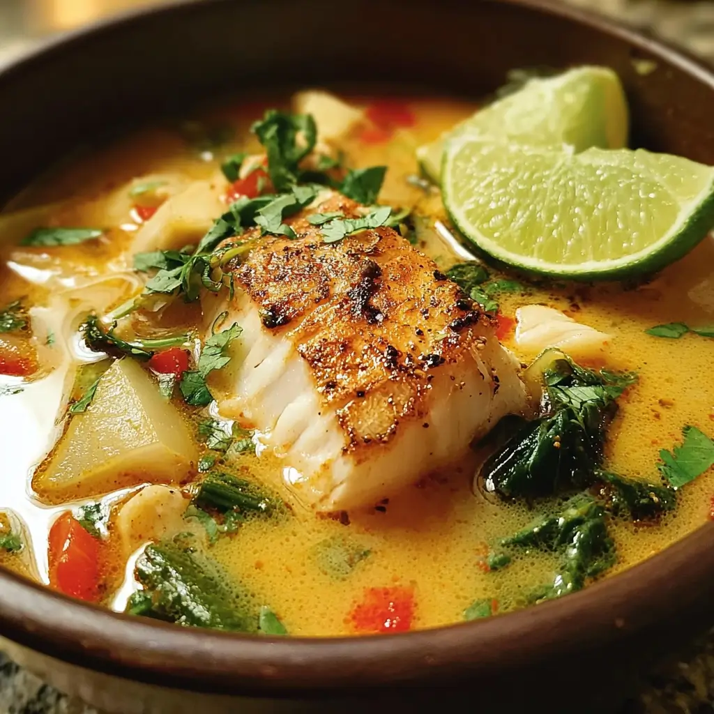 Coconut Lime Fish Soup Recipe 1 Bowl of creamy coconut lime fish soup with herbs and lime wedges.