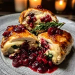Juicy cranberry brie stuffed chicken breast sliced on a plate with thyme garnish.