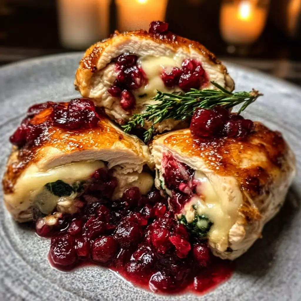 Cranberry Brie Stuffed Chicken 1 Juicy cranberry brie stuffed chicken breast sliced on a plate with thyme garnish.