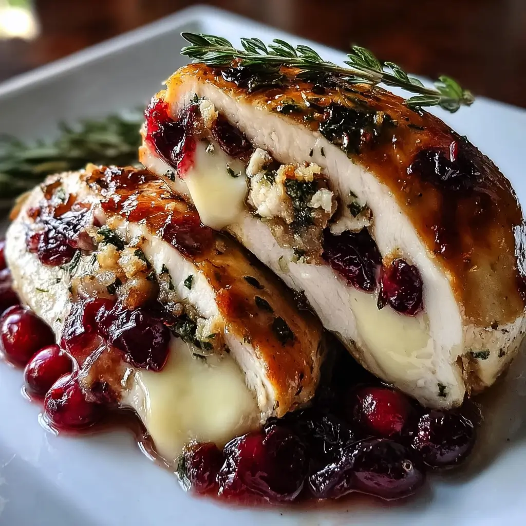 Juicy cranberry brie stuffed chicken breast served on a plate with herbs.