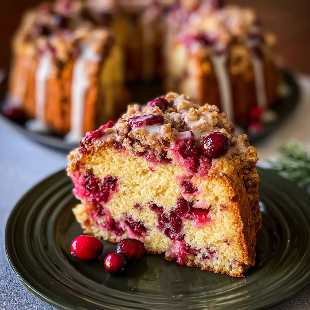 Cranberry Coffee Cake Recipe 1 Cranberry coffee cake topped with golden streusel and a drizzle of glaze.