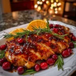 Roasted cranberry orange turkey breast with glaze and orange slices.
