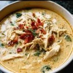 Creamy keto crack chicken soup topped with beef and cheddar