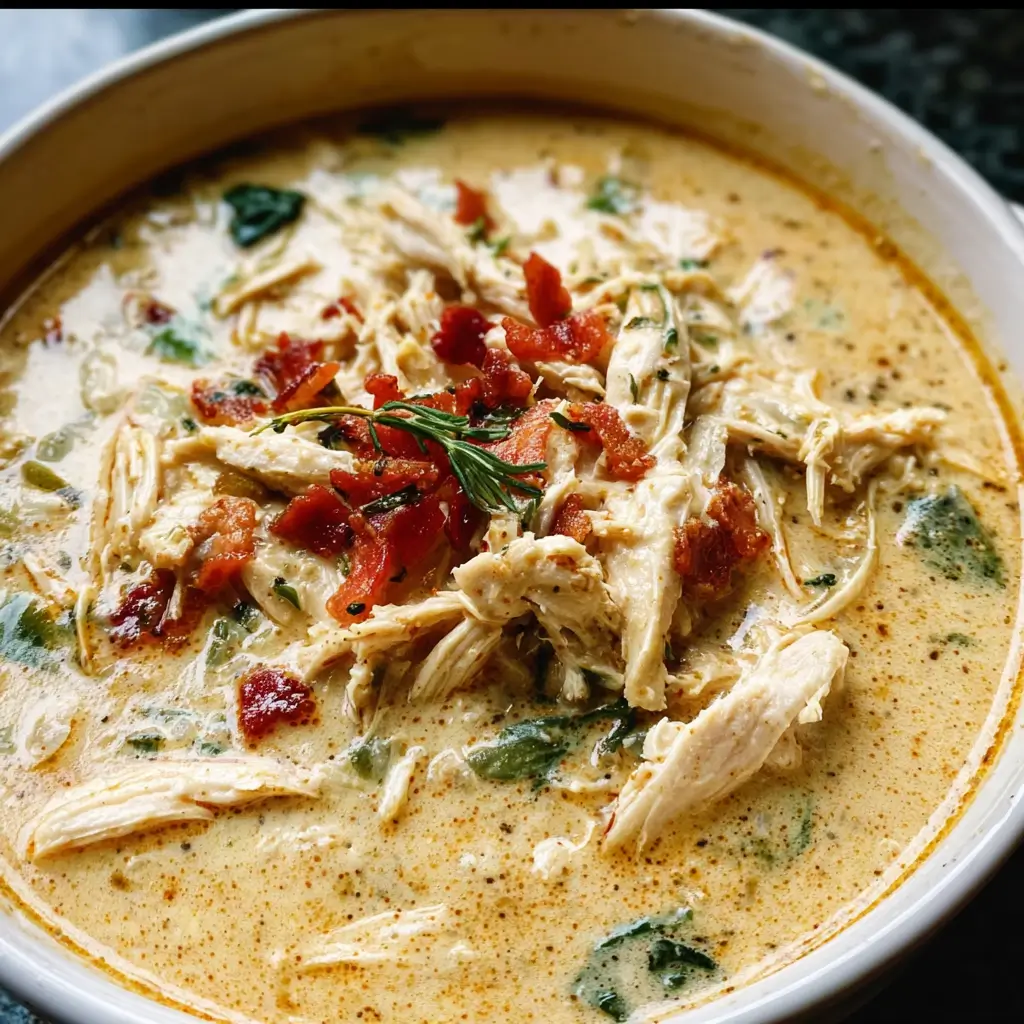 Creamy Keto Crack Chicken Soup 1 Creamy keto crack chicken soup topped with beef and cheddar