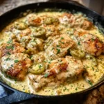 Creamy pepperoncini chicken skillet topped with parsley and sliced peppers.