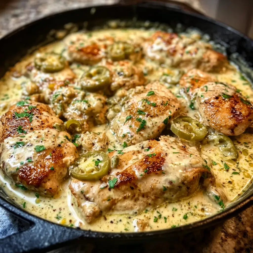 Creamy Pepperoncini Chicken Skillet 1 Creamy pepperoncini chicken skillet topped with parsley and sliced peppers.