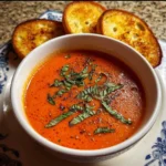 Creamy roasted tomato basil soup in a bowl with fresh basil garnish.