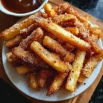 Crispy air fryer apple fries served with caramel dipping sauce.