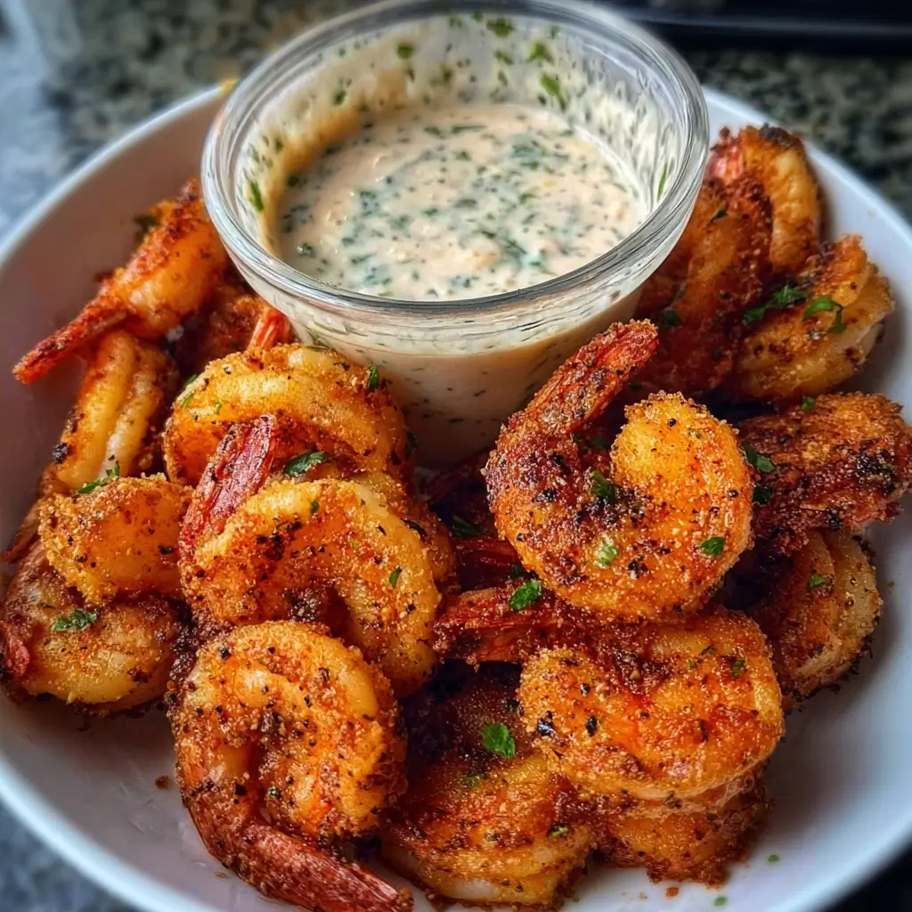 Crispy Cajun shrimp served with a creamy dipping sauce on a rustic table.