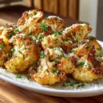 Crispy Parmesan roasted cauliflower on a baking tray with fresh parsley garnish.