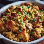 Crockpot with chicken and stuffing, garnished with parsley.