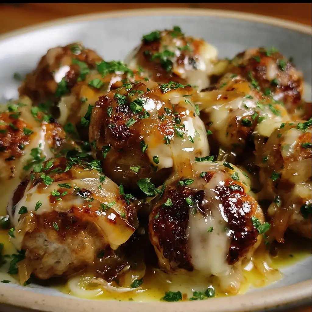 Crockpot French Onion Meatballs 1 Slow cooker French onion meatballs topped with melted cheese and parsley.