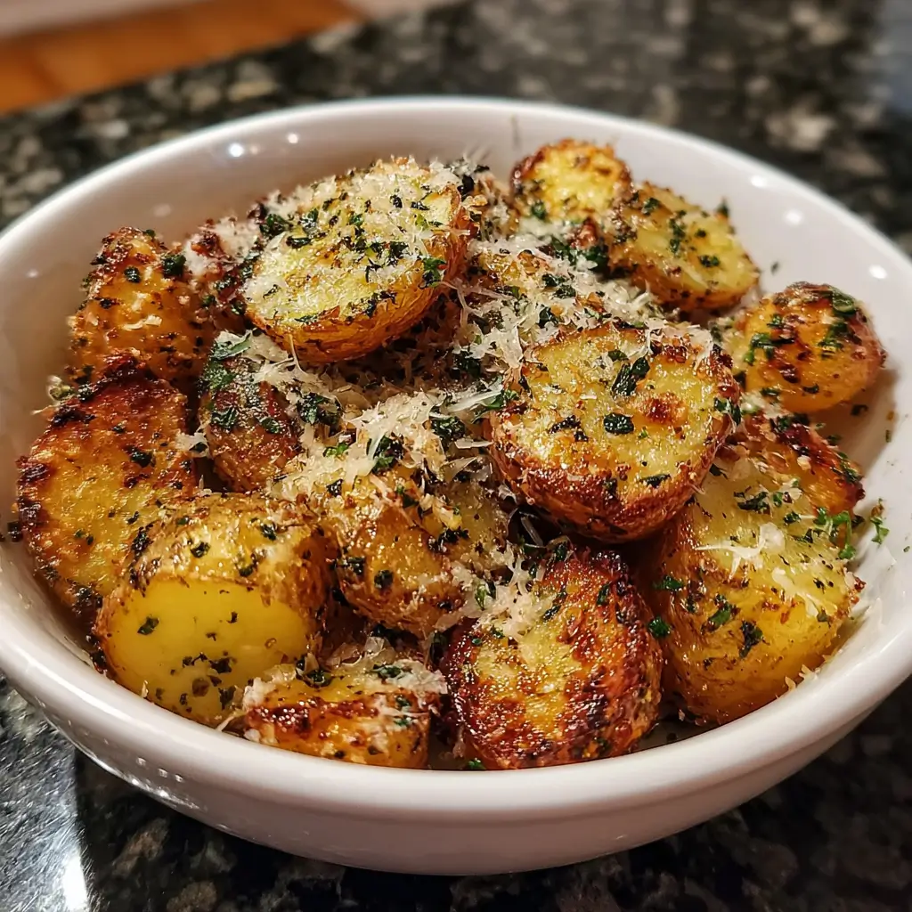 Crockpot Parmesan Roasted Potatoes 1 Golden Parmesan roasted potatoes in a slow cooker topped with parsley.