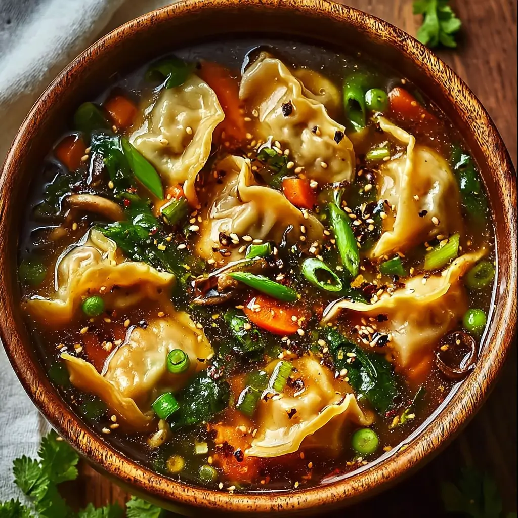 Bowl of Asian dumpling potsticker soup with vegetables and garnishes.